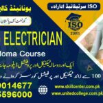 Advertisement for a Building Electrician Diploma Course in Urdu and English, featuring contact details, website links, and an image of a person working on electrical equipment. The design is professional and informative, with ISO certification highlighted.
