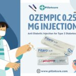 Ozempic 0.25mg injection for type 2 diabetes shown with doctor illustration, insulin vial, syringe, and Pills4cure branding.