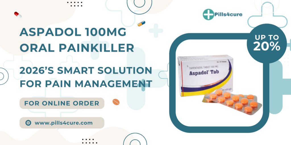 Aspadol 100mg oral painkiller ad banner by Pills4cure showing medicine pack with “2026’s Smart Solution for Pain Management” and 20% off.