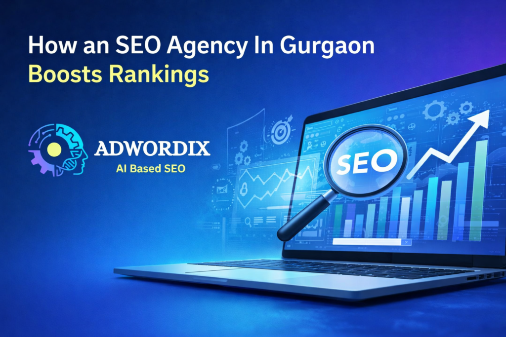 : SEO Agency in Gurgaon banner with laptop showing SEO analytics and rising ranking graph.