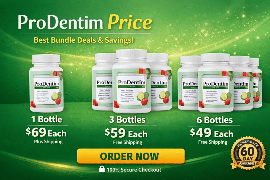 ProDentim price banner showing oral probiotic supplement bottles with pricing and bundle options.