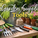 Garden tools and blooms in sunlight