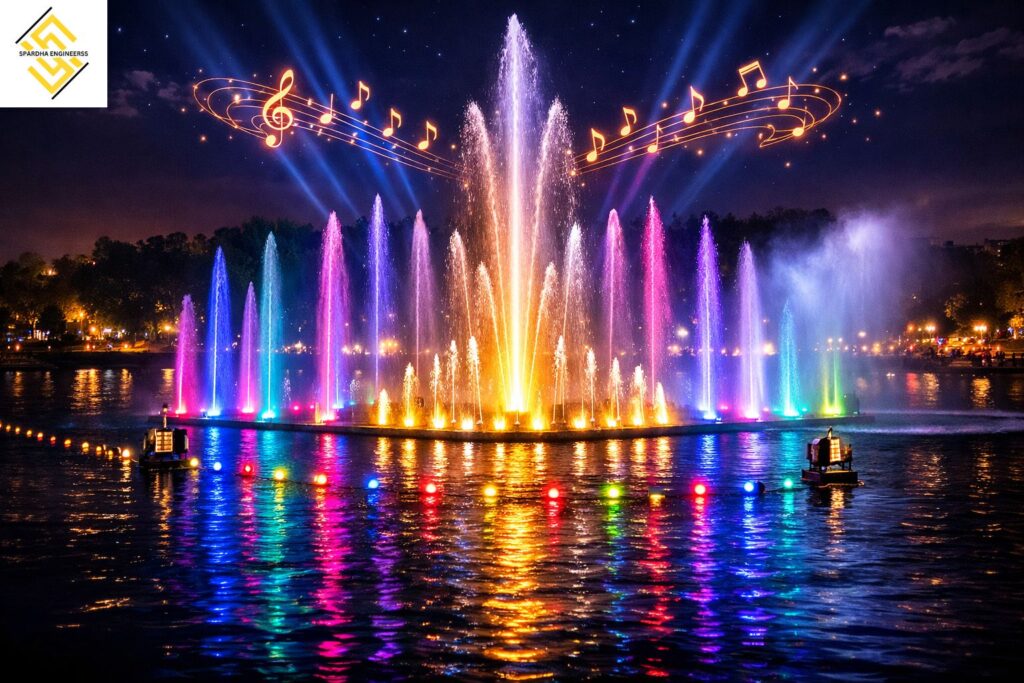 Musical fountain in Ghaziabad with synchronized water jets, colorful LED lights, and music-based water patterns enhancing a modern urban landscape