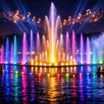 Musical fountain in Ghaziabad with synchronized water jets, colorful LED lights, and music-based water patterns enhancing a modern urban landscape