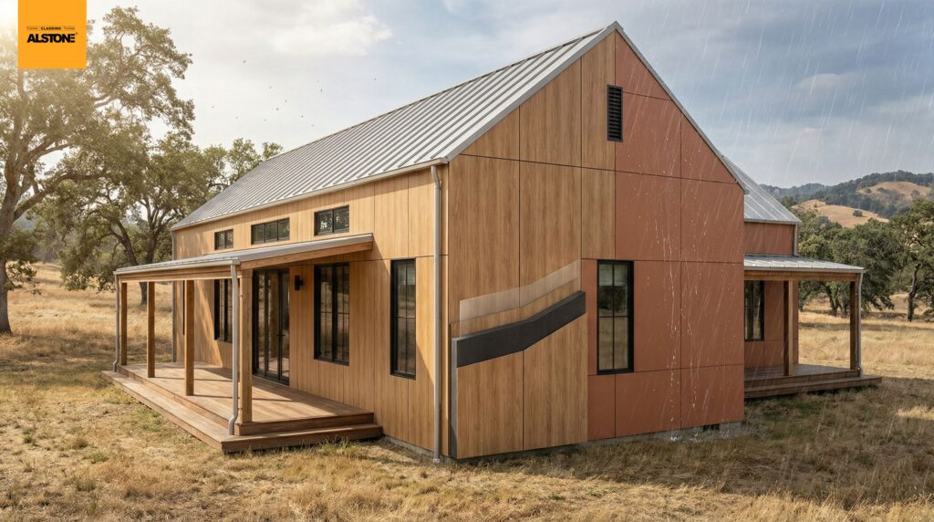 Farmhouse exterior with HPL cladding panels showing wood finish and weather-resistant performance in rural outdoor conditions