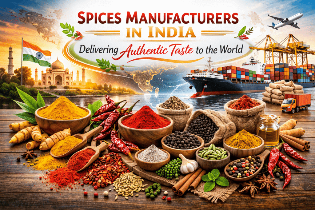Spices manufacturers in India exporting authentic spices worldwide with cargo ship and premium spice display