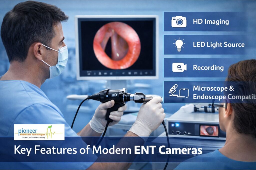 ENT specialist using HD endoscopy camera system showing ear canal image on monitor in modern clinic