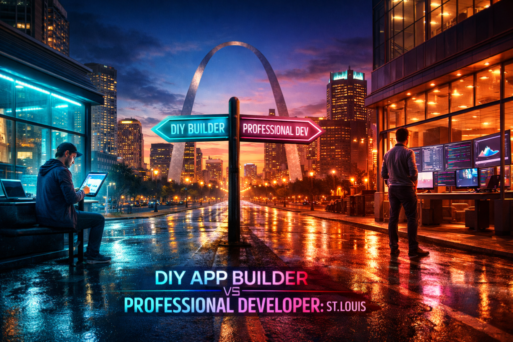 Two men work on screens in a city at sunset, with neon signs reading DIY Builder and Professional Dev. Text: DIY App Builder vs Professional Developer: St. Louis.