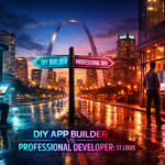 Two men work on screens in a city at sunset, with neon signs reading DIY Builder and Professional Dev. Text: DIY App Builder vs Professional Developer: St. Louis.