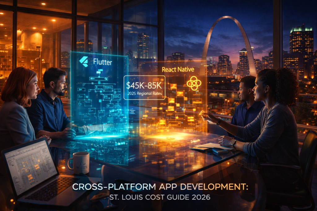 Four people discuss platform development with holographic displays for Flutter and React Native. St. Louis skyline visible at night.