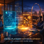 Four people discuss platform development with holographic displays for Flutter and React Native. St. Louis skyline visible at night.