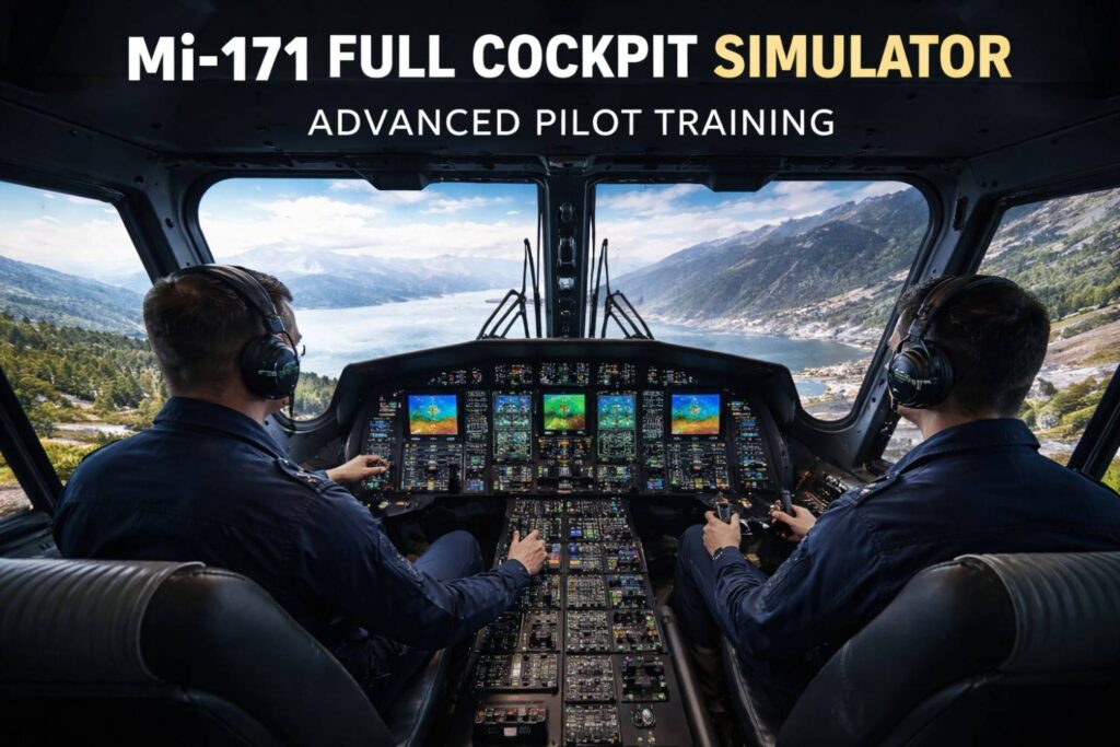 Mi-171 full cockpit simulator training with pilots in realistic flight environment