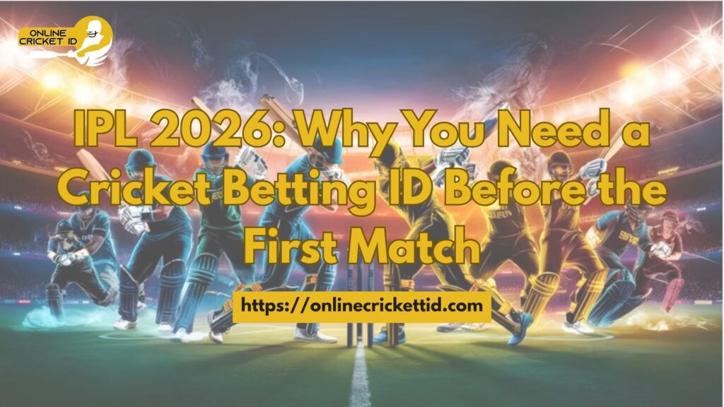 A promotional IPL 2026 banner showing multiple cricket players in action poses inside a brightly lit stadium with colorful lighting effects. The text reads “IPL 2026: Why You Need a Cricket Betting ID Before the First Match,” promoting an IPL Betting ID service. The “Online Cricket ID” logo appears in the top corner, and the website “https://onlinecricketid.com” is displayed at the bottom.