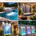 Sheet waterfall wall fountain with smooth water flow and LED lighting on modern decorative wall