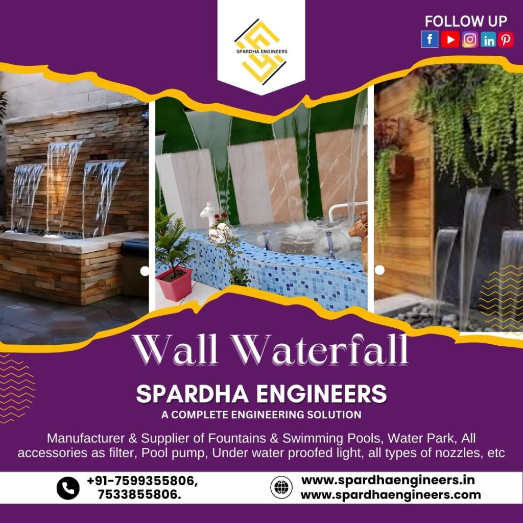 Stunning wall waterfall fountain with glass panel and smooth sheet water flow for modern home and office decor