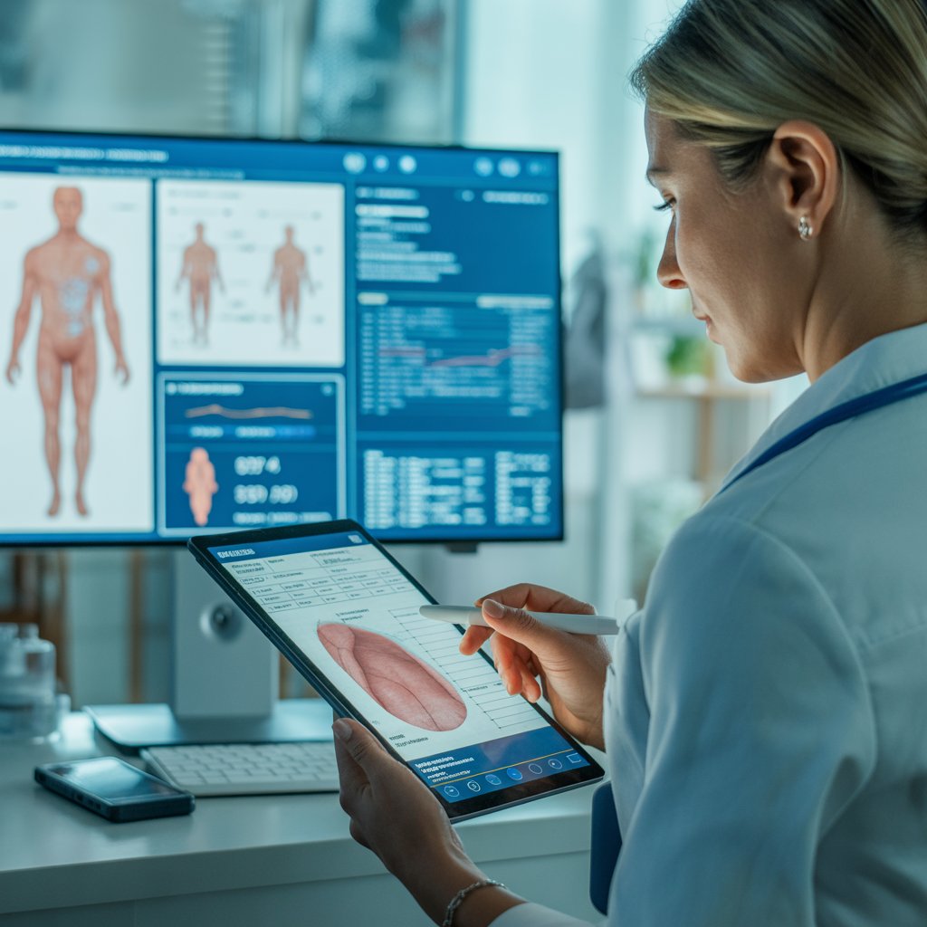 **Alt Text:** Healthcare professional reviewing wound care documentation and medical coding data on a computer to improve billing accuracy and financial performance in a wound clinic.