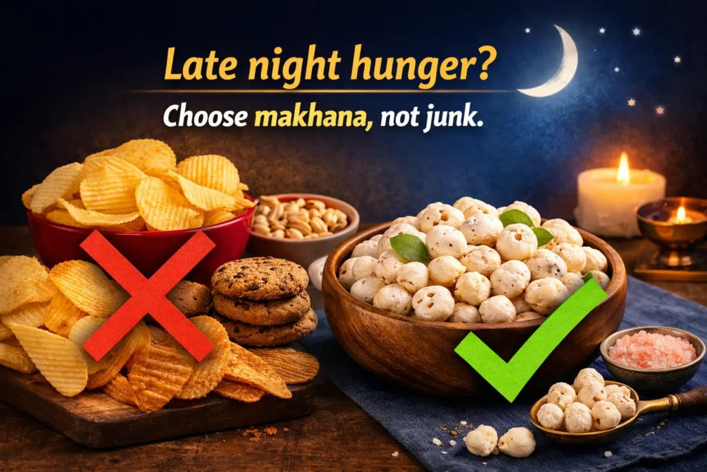 Can we eat makhana at night? Learn its benefits, nutrition facts, risks, and why it is a healthy bedtime snack for guilt-free late night snacking.